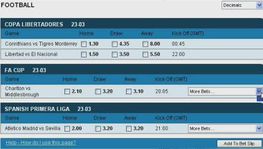 VCBet odds coupon format - well laid out and quick to find and place a bet