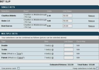 VCBet betting slip - simple and clear