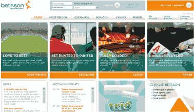 Betsson web site entry page - good simple design offering Sportsbook, Betting Exchange, Poker & Casino online gambling options
